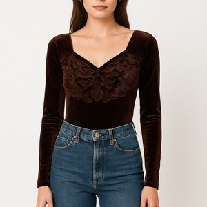 Out Body Velvet Bodysuit Made in Italy Sweetheart V-Neck Embossed 90s Brown (M)